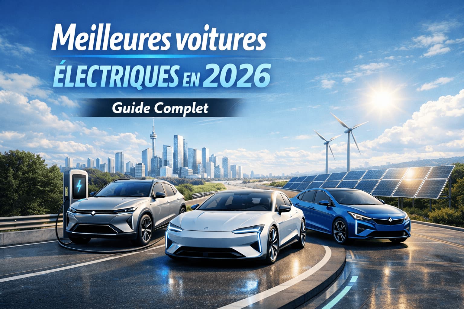 Meilleures voitures électriques 2026 : trois modèles modernes — un SUV argenté, une berline blanche et une compacte bleue — sur une route futuriste avec une ville moderne, panneaux solaires et éoliennes.